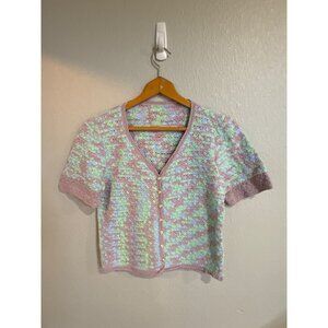 Vintage Crocheted Short-Sleeve Cardigan With V-Neck Pearl Buttons & Pastel